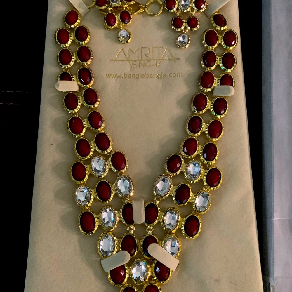 Amrita Singh Bib Necklace Gold color base with Ruby stones & Austrian Crystals